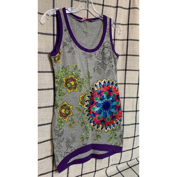 Women's Mini Tank Dress by Smash Size SM Gray With Purple Trim & Floral Design - Picture 3 of 11